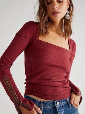 FREE PEOPLE A Little Unruly Top - Size XS - Red Jasper Long Sleeve Boho - NWT